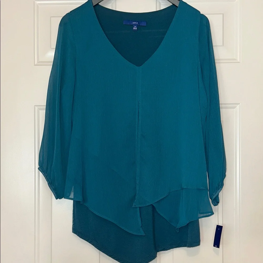 Apt. 9 Layered V-Neck Women’s Top M Teal NWT Pullover Sheer Sleeve Casual